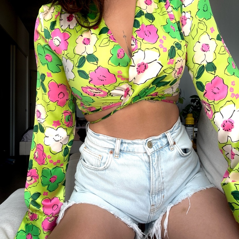 Zara Floral Wrap Blouse - Lime Green and Pink